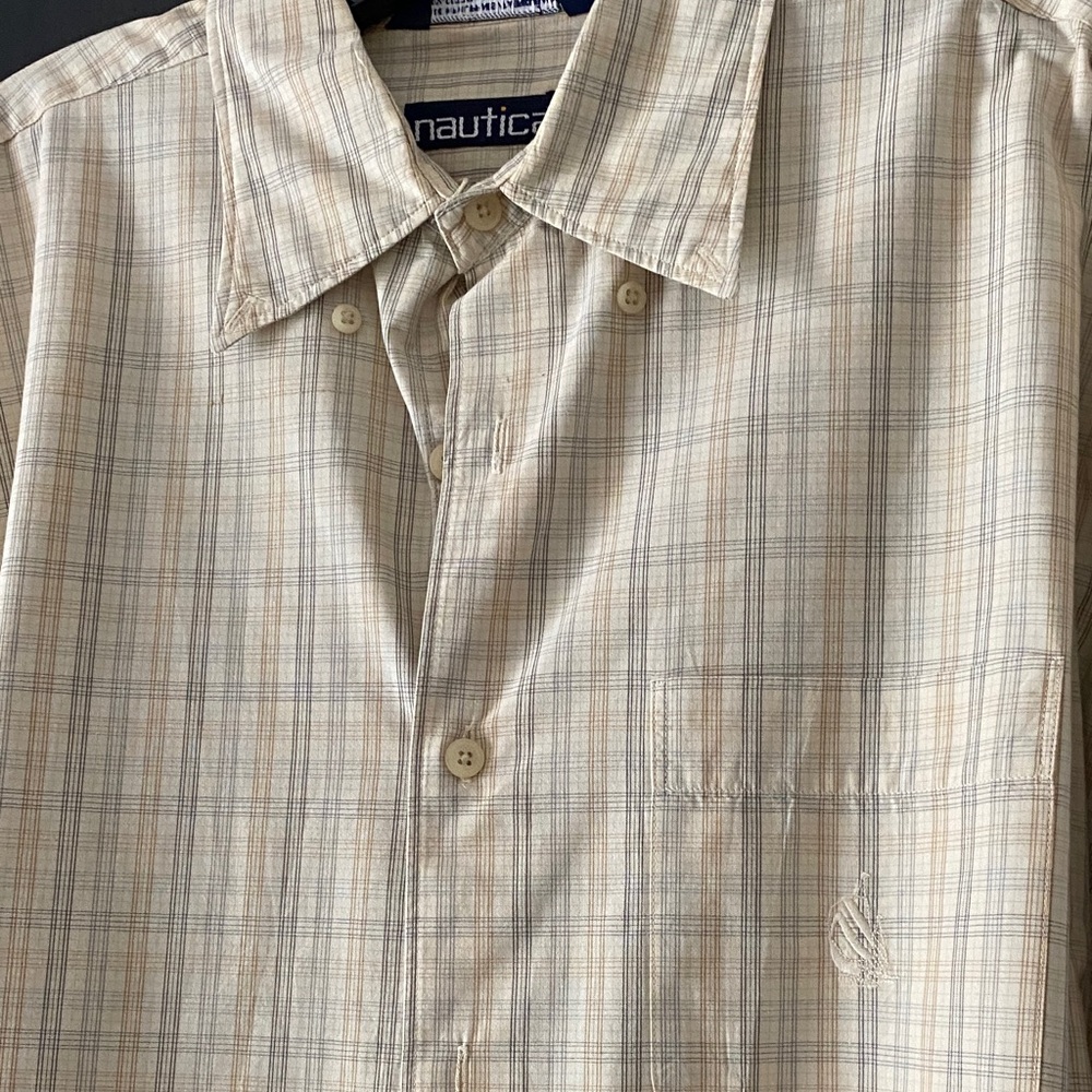 Nautica Men's Light Tan Plaid Button-Down Shirt